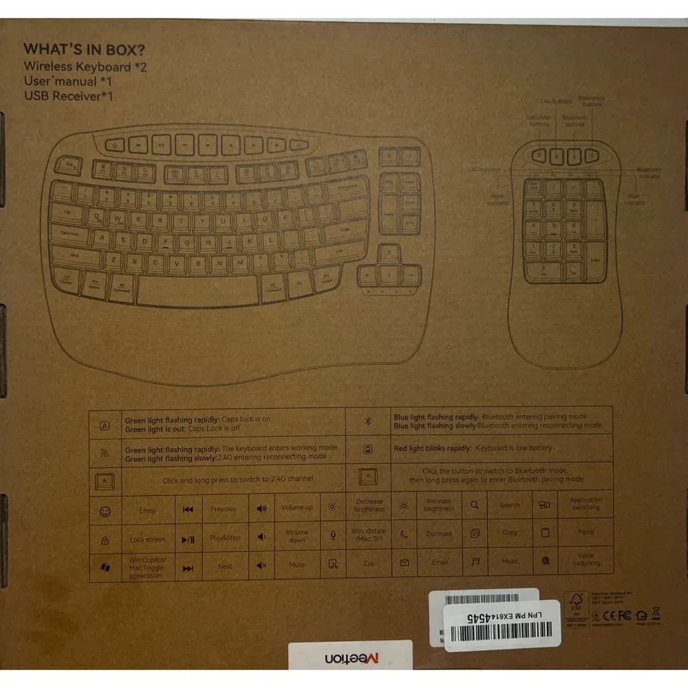 Ergonomic Wireless Keyboard & Number Pad Combo BTK9330 Meetion NEW IN BOX